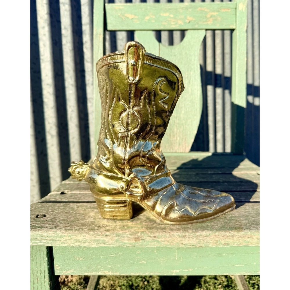 Vintage 9" Brass Western Cowboy Boot Home Decor Planter Vase
